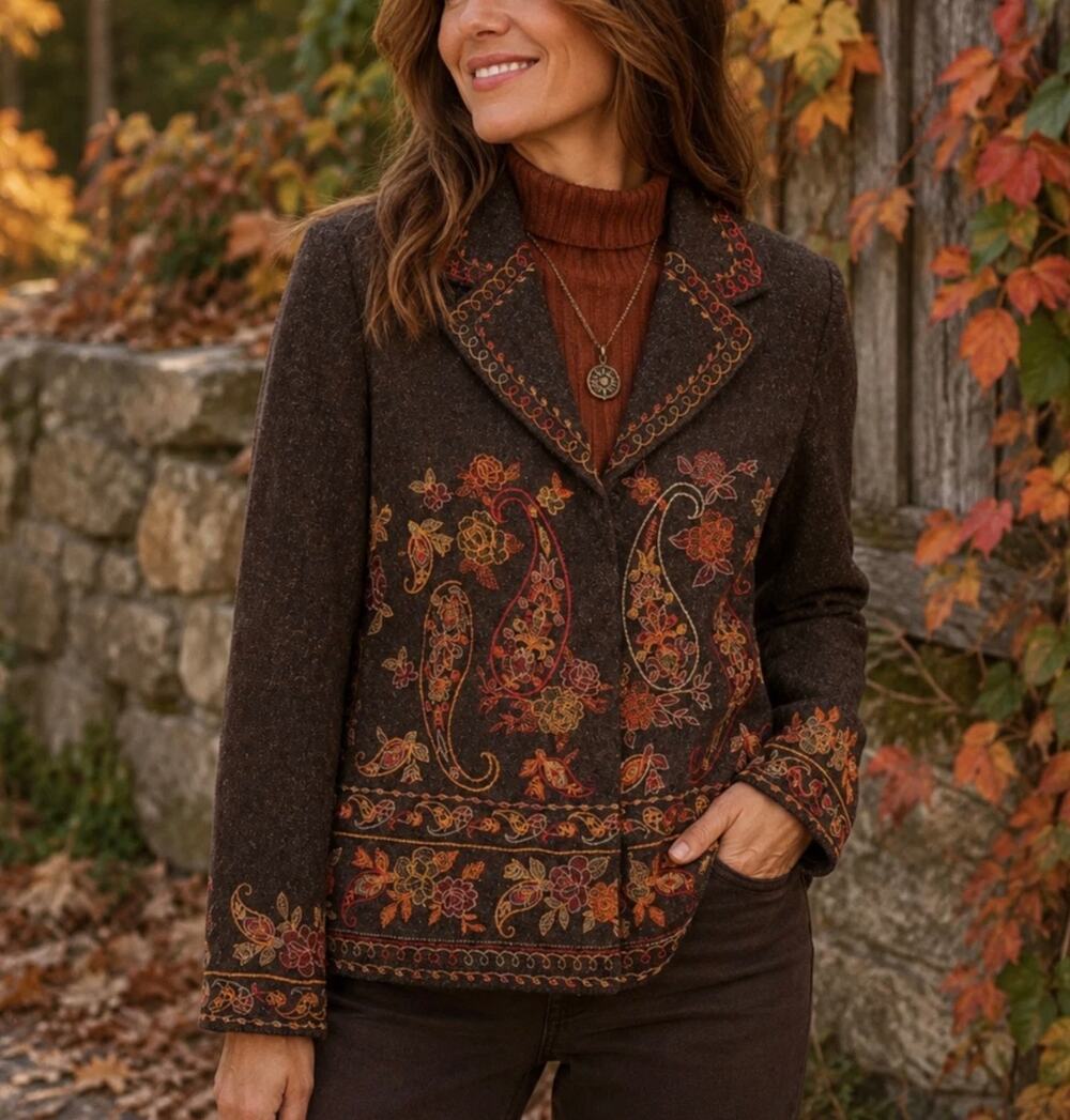 Coldwater Creek Embroidered Paisley Blazer Jacket Size 2X Brown Boho Chic Artsy